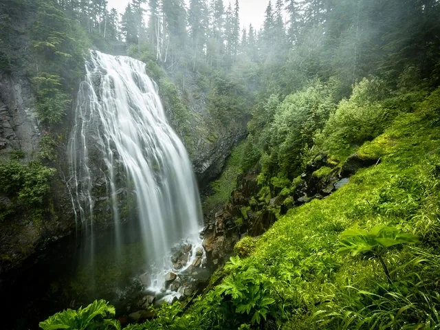 Una cascada alta que cae por un acantilado rocoso rodeado de vegetación verde y exuberante.