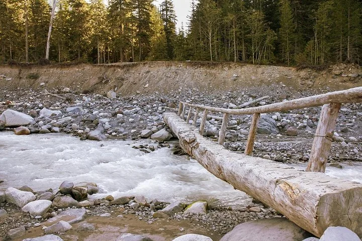 A rustic log bridge crosses a fast-flowing river in a rocky riverbed.