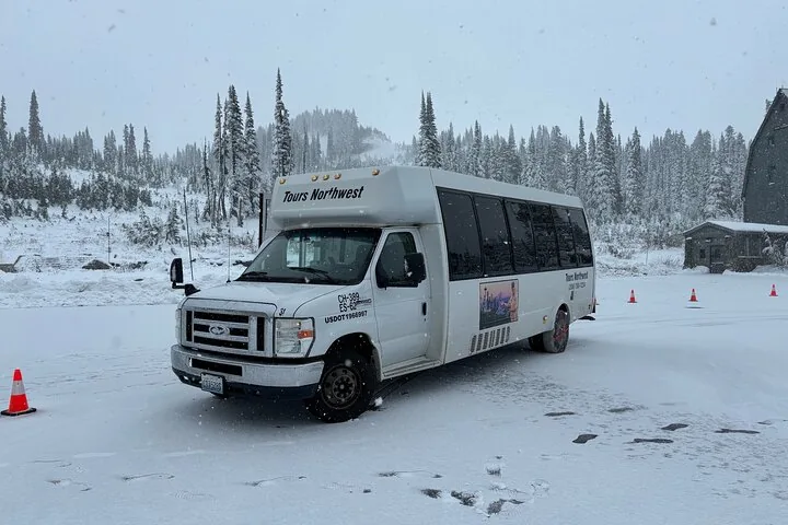 Un autobús turístico blanco estacionado en un estacionamiento cubierto de nieve cerca de los árboles.