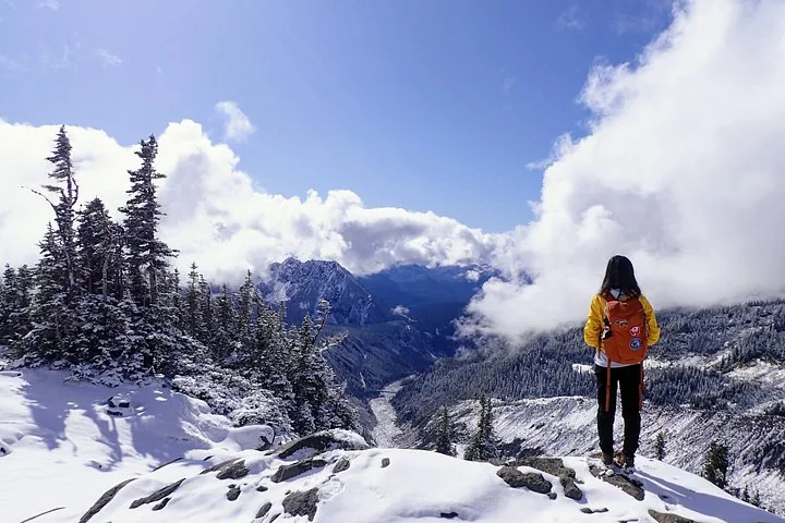 Wanderer in gelber Jacke mit Blick auf ein verschneites Bergtal am Mount Rainier.